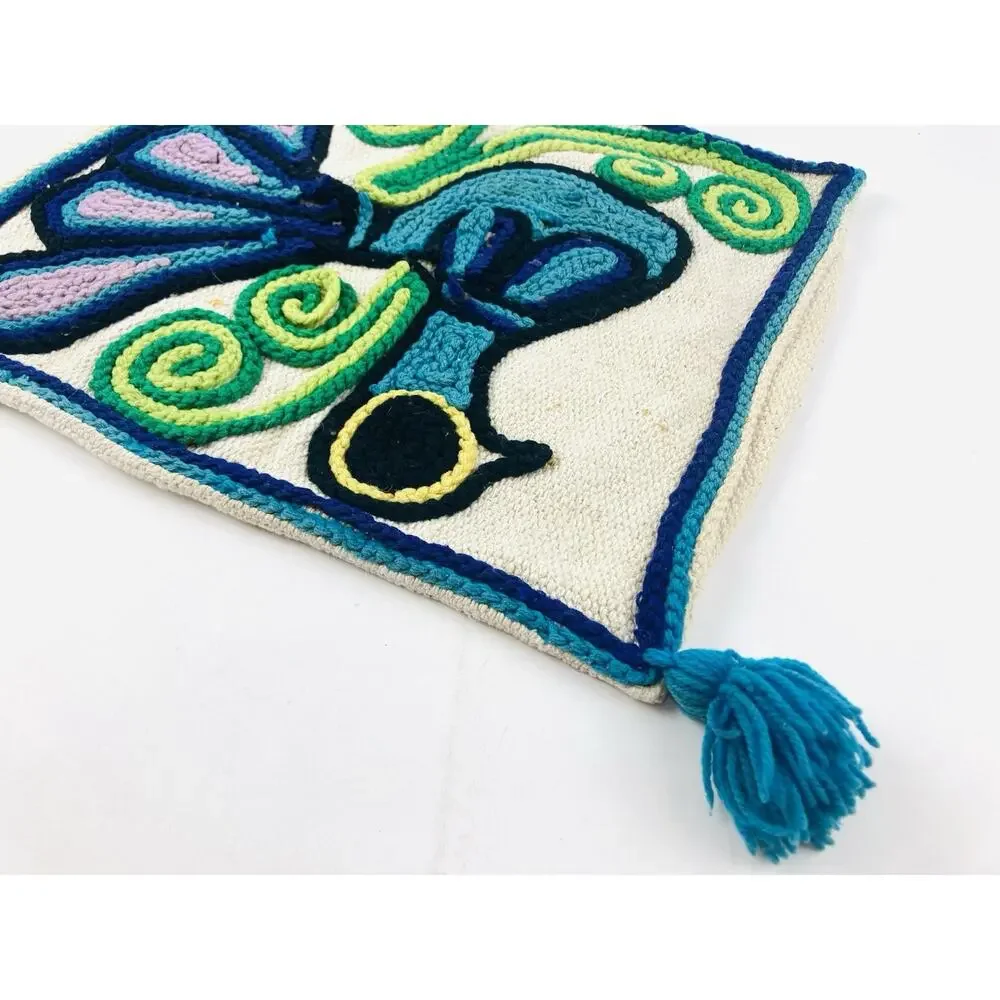 Vintage Yarn Painting Pillow Cover Folk Art Bird Embroidery Crewel Boho Ethnic